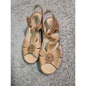 Pikolinos Women's Margarita Wedge Leather Strap Sandals Tan Brown Size 40 Boho